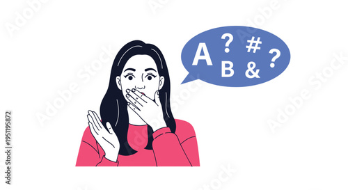 Surprised woman covering her mouth with her hand next to a speech bubble filled with letters and punctuation symbols for censorship.