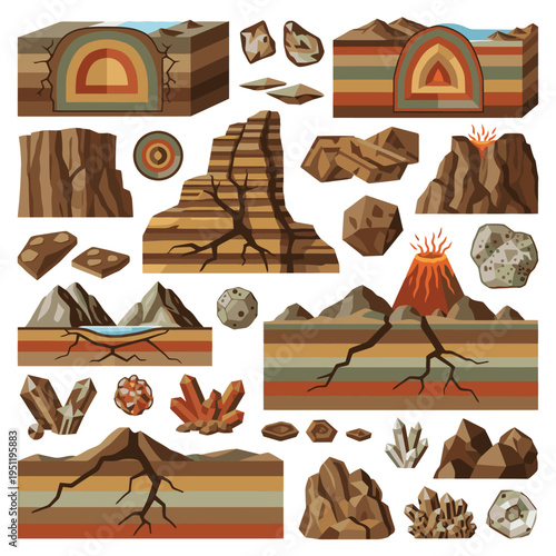 Earth science geology set with volcano cross sections and rock strata