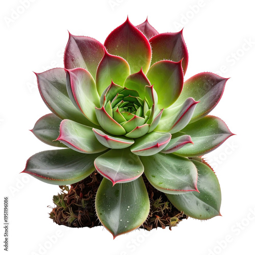 Beautiful green succulent plant with red tipped leaves and intricate central rosette pattern isolated on transparent background detailed botanical PNG die cut for advertising design