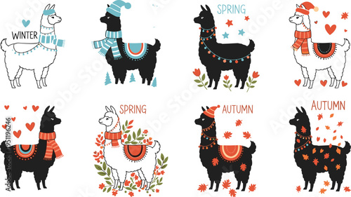 Cute Llama Cartoon Collection with Seasonal Elements Spring and Autumn Alpaca Characters Adorable Animal Illustration Set