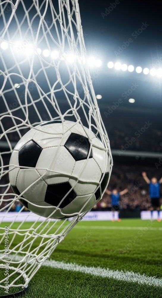 Naklejka premium A classic black and white soccer ball enters the net after scoring a goal during a professional night game under bright stadium lights with celebrating players