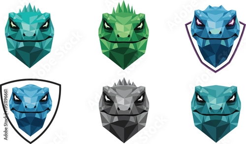 Geometric Lizard Head Logo Collection with Polygonal Reptile Mascot Emblems Modern Low Poly Animal Badge Vector Illustration Set