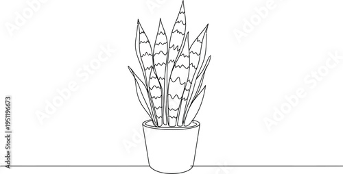 Potted Plant with Long Leaves in a Simple Line Drawing
