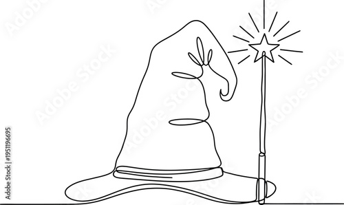 Magician's hat and star wand in one line drawing