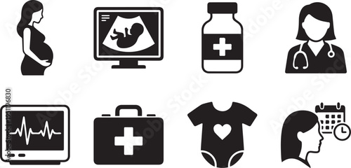 A collection of black and white icons related to pregnancy and healthcare including a pregnant woman ultrasound baby clothes and medical equipment