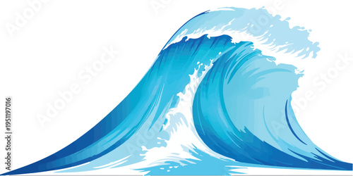 Powerful blue wave breaking with intense white foam and splashes, isolated on a background, conveying raw energy