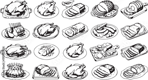 A collection of black and white illustrations of various roasted meats and bread on plates and platters