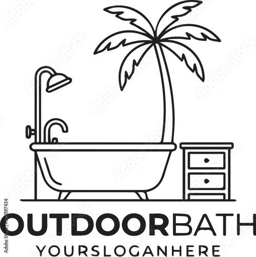 A black and white line drawing of an outdoor bathtub with a palm tree and a dresser next to it with space for a slogan