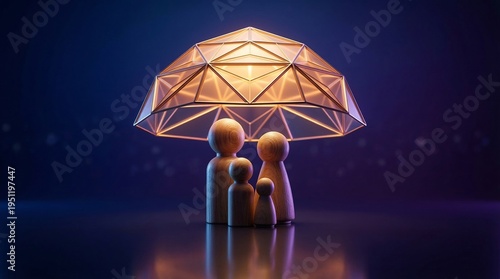 A family of four abstract figures stands protected under a glowing, geometric umbrella-like shield.