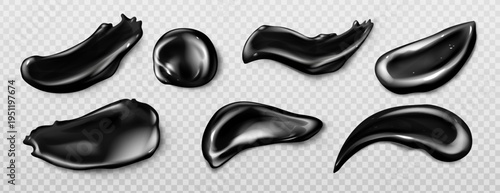 Black cosmetic cream texture, charcoal clay mask smear, realistic vector illustration isolated on transparent background. Skincare gel product swatch, beauty treatment and facial care routine.