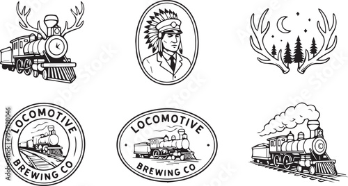 A collection of six black and white illustrations featuring train and locomotive themed designs including a Native American portrait and antlers on a white background