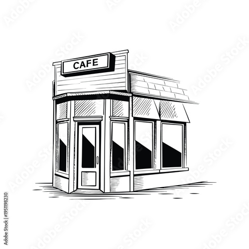 Hand drawn black and white illustration of small cafe shop sketch vintage retro vector art