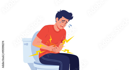 Young man sitting on a toilet with severe stomach pain and diarrhea looking intensely distressed and visibly sweaty.