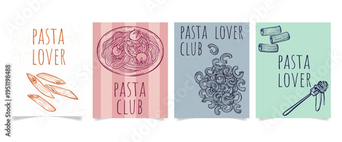 Pasta lovers club poster set, cartoon vector background. Delicious pasta illustration with Italian spaghetti and quirky doodle icons for restaurant menu, or kitchen decor with vintage charm.