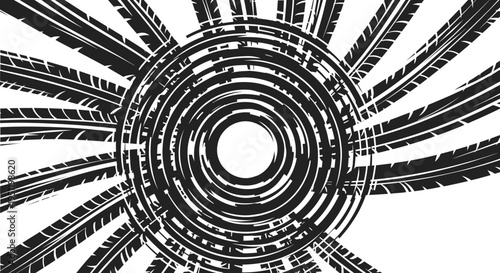Abstract Black and White Tire Tracks Radiating from Circular Pattern