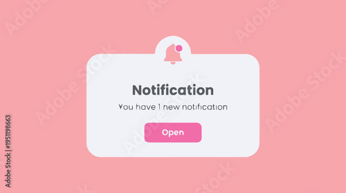 A pink and white notification pop-up window with a bell icon indicating one new message or alert on a digital interface