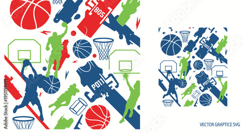 Dynamic Basketball Pattern with Silhouettes and Sports Elements