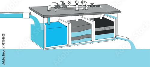 A diagram of a water filtration system with a gray top and blue and black components on a white background