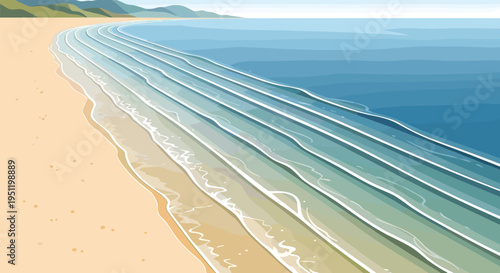 Serene landscape of a wide sandy beach with gentle blue waves washing ashore under a clear blue sky for travel concepts.