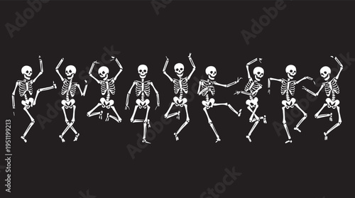 A sequence of dancing skeletons in various dynamic poses against a solid black background in a white illustration style