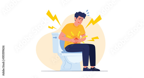 Man sitting on a toilet while experiencing severe stomach pain and cramps as indicated by yellow lightning bolt icons and red circular zone.