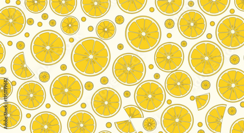 Seamless pattern of vibrant yellow lemon slices of various sizes scattered across a light background for fresh summer themed designs.