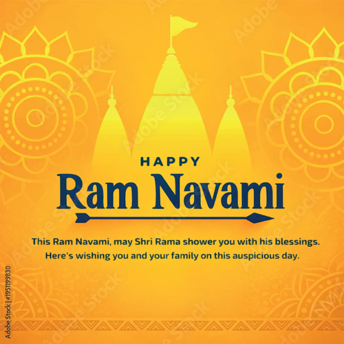 Ram Navami religious greeting card design with bow arrow kalash and diya illustration