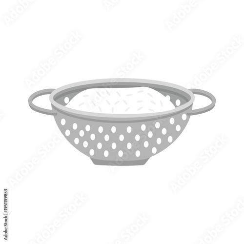 Rice in a Colander. White Rice in Colander. Rice in Metal Colander. Clean Rice in Strainer. 