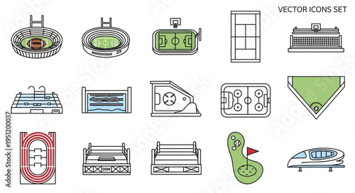 Vector Concept Illustration of Various Sports Venues and Fields.