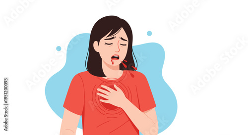 Illustration of a woman in a red shirt clutching her chest in pain and coughing up blood as a symptom of a serious respiratory illness.