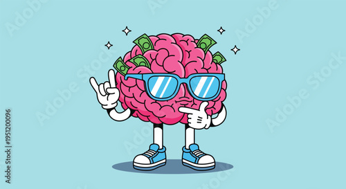Cartoon Brain Character Wearing Sunglasses and Holding Money.