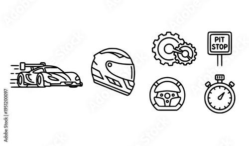 Modern racing line icons with dynamic car helmet gearbox pit stop symbols monoline motorsport vector