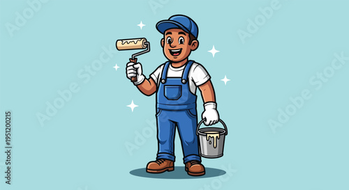 Cartoon Painter Holding Paint Roller and Bucket.