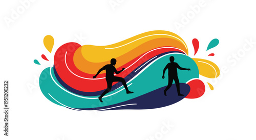 Abstract vibrant graphic design with silhouettes of two people moving through colorful flowing shapes and splashes of paint.