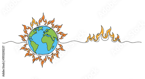 Global warming concept represented by a continuous line drawing of planet earth surrounded by flames on a white background.