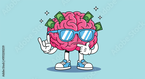 Cool Brain Character with Money and Sunglasses.