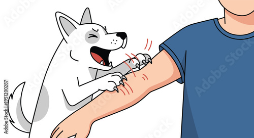 White dog aggressively scratching a person's arm causing red marks as a depiction of animal behavior or injury.