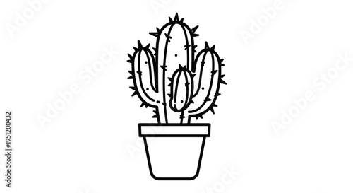 Minimalist black and white line art illustration of a prickly cactus plant growing in a simple flower pot on white background.