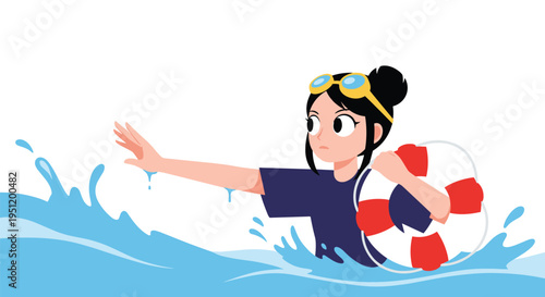 Young woman in a dark blue swimsuit and goggles swimming in blue water while holding a red and white lifebuoy for safety.