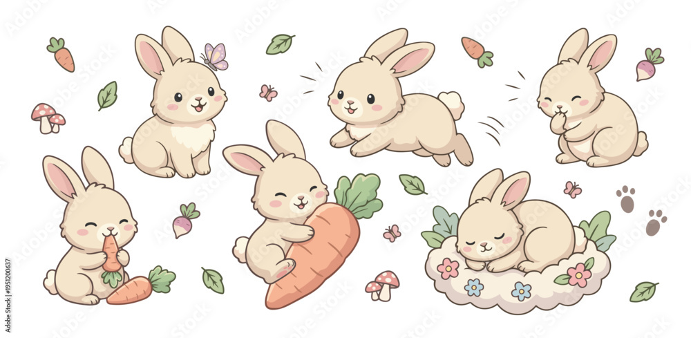 Obraz premium Rabbit. Vector collection of cute little bunnies doing various activities. Printable stickers with cute animals. Cartoon baby bunnies with carrots, butterflies, and mushrooms.