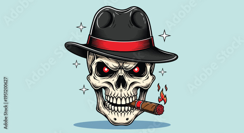 Scary Skull Wearing Hat Smoking Cigar with Glowing Eyes.