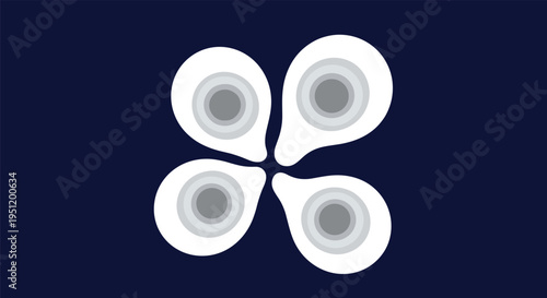 Symmetrical abstract pattern featuring four white teardrop shapes with grey concentric circles on a dark navy blue background.