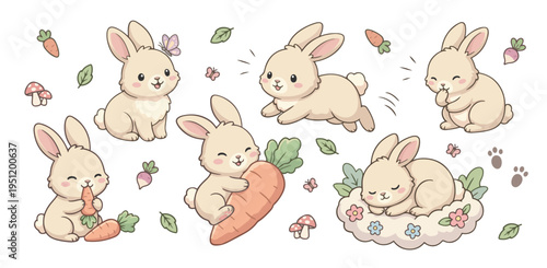 Rabbit. Vector collection of cute little bunnies doing various activities. Printable stickers with cute animals. Cartoon baby bunnies with carrots, butterflies, and mushrooms.