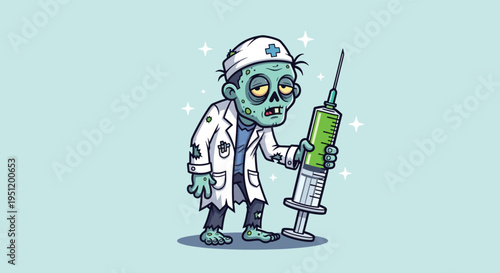 Zombie Doctor Holding Giant Syringe.