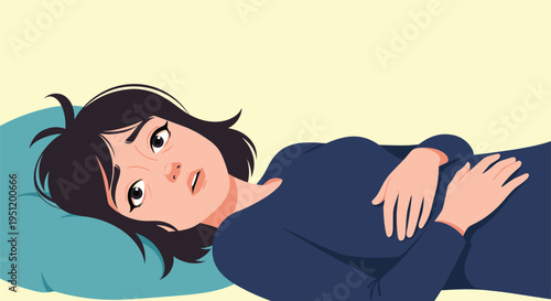 Exhausted young woman with dark hair and dark circles under her eyes lying in bed looking stressed and unable to sleep.