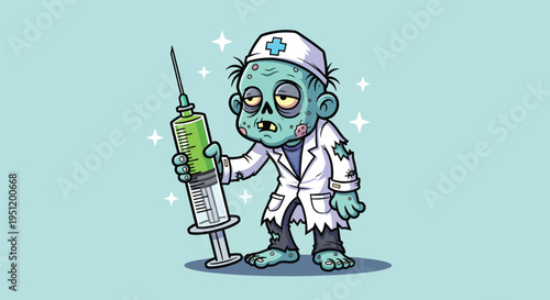 Zombie Doctor Holding Syringe Cartoon Illustration.