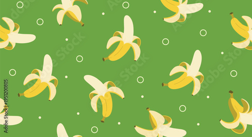 Vibrant repeating pattern of partially peeled yellow bananas and white circles scattered across a bright green background.
