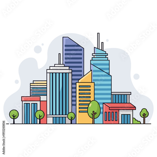 City skyline featuring modern office towers and small storefronts. non editable strokes