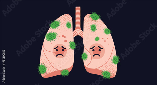 Anatomical illustration of human lungs covered with green virus particles and showing a sad face to represent respiratory disease.