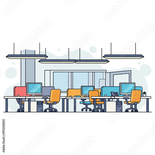Open office workspace with empty desks and computers. non editable strokes